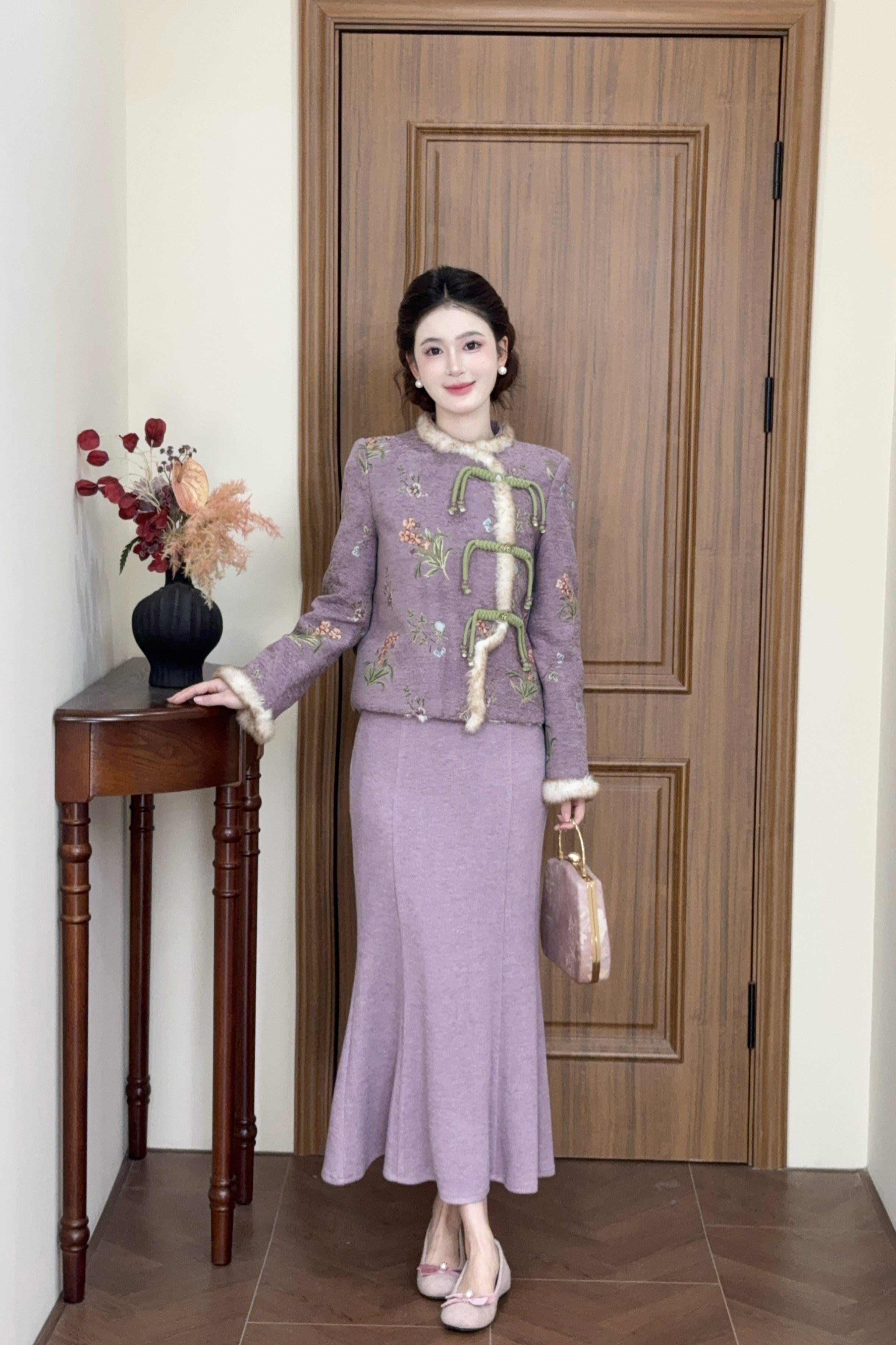 LiLi李李家【紫槿】新中式国风刺绣羽绒服套装XMZH11016 XMZH11017