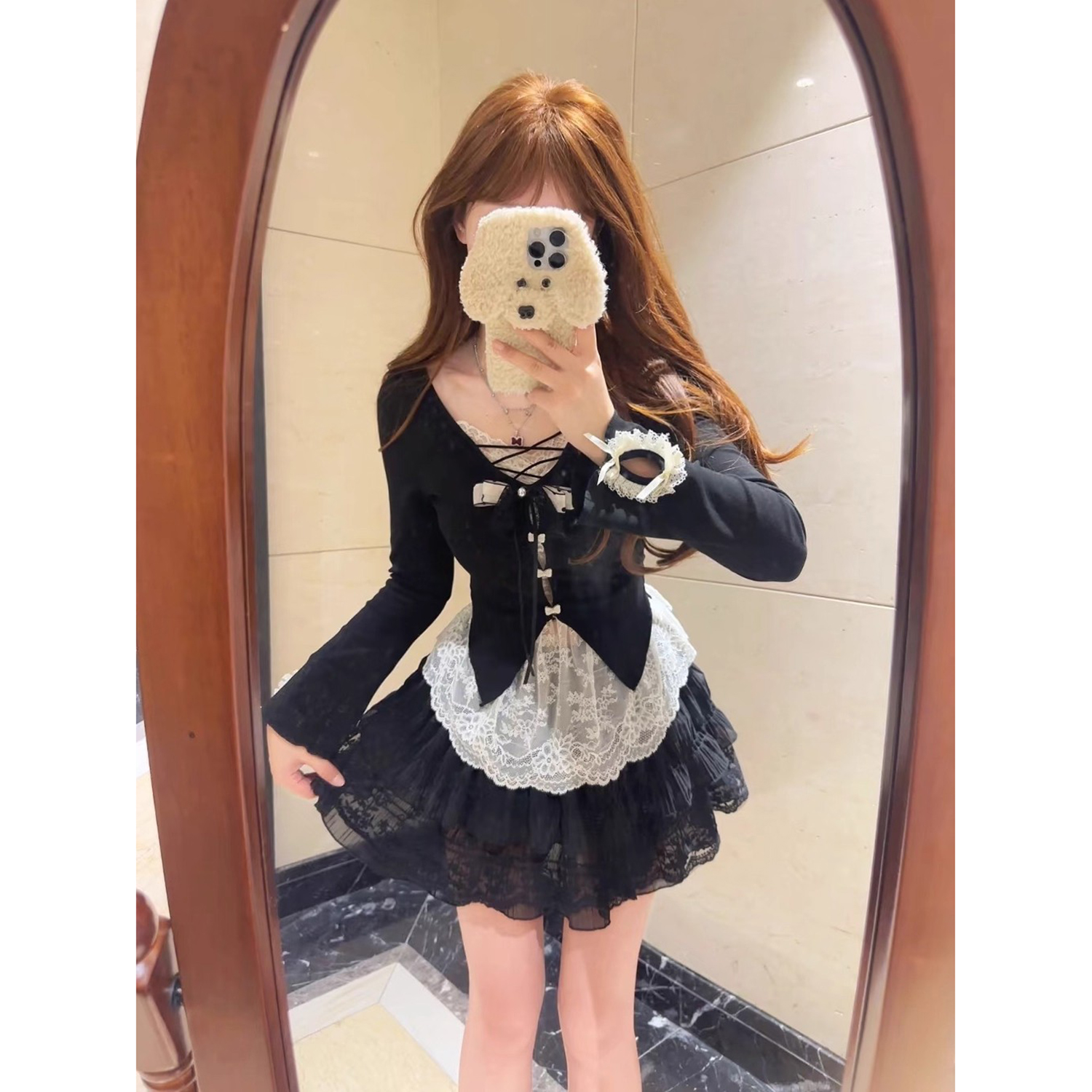 纯欲风辣妹蕾丝拼接假两件长袖T恤女装早秋设计感修身显瘦上衣