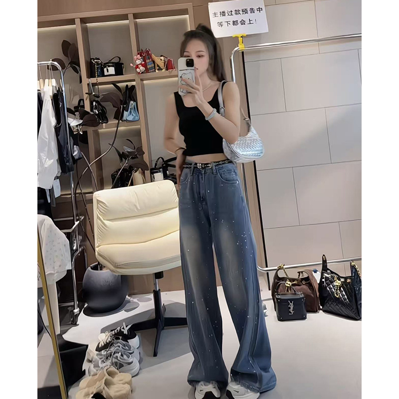 W5354 王仙女 「满天星河」加绒加厚新款高腰宽松 烫钻阔腿牛仔裤女