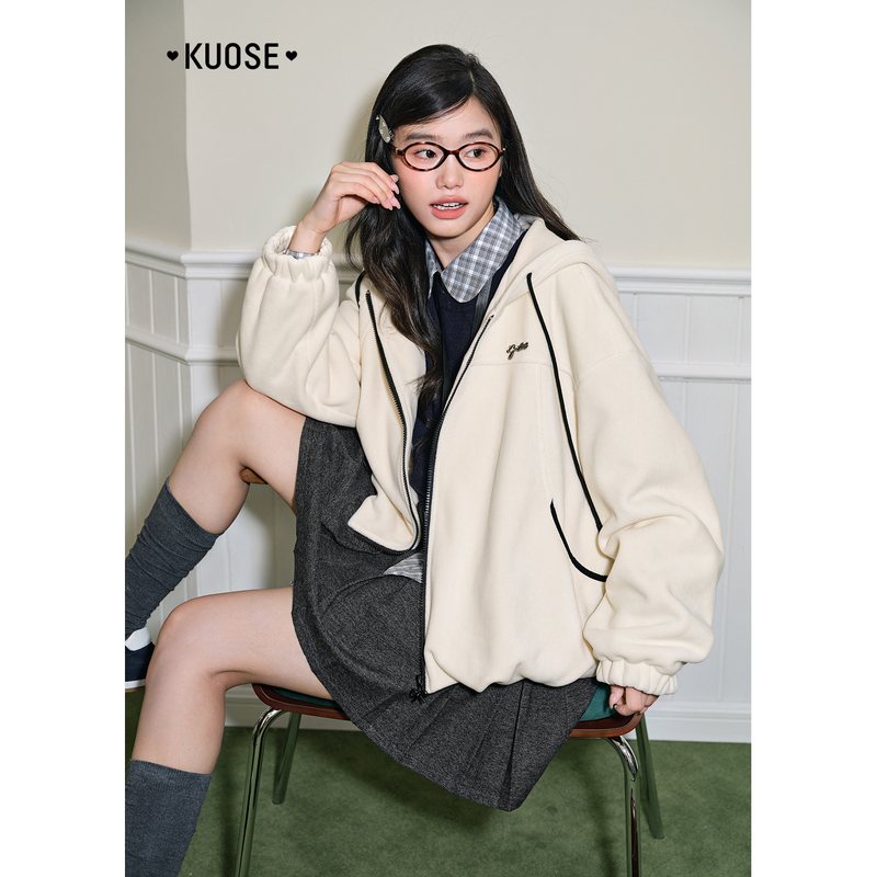 阔色休闲连帽毛毛外套短款2025秋冬新款女装小个子上衣KSS2509006