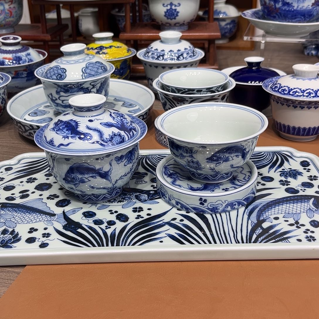 海***幽青花淡海水鱼藻纹三件套