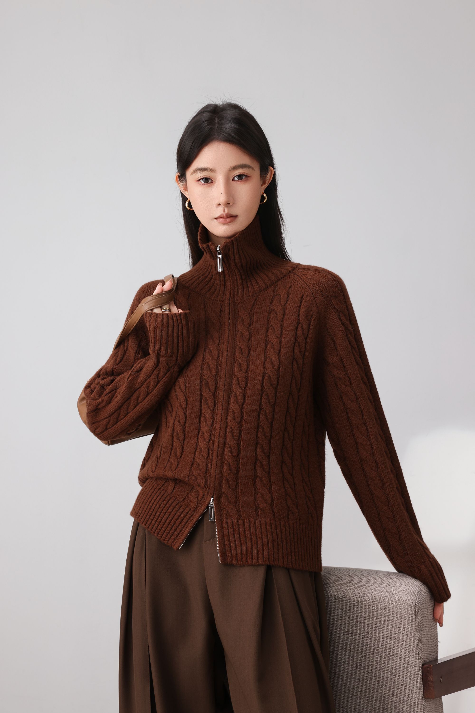 【绞花纹羊毛】冬季新款立领宽松百搭女士针织开衫厚外套羊毛衫毛衣