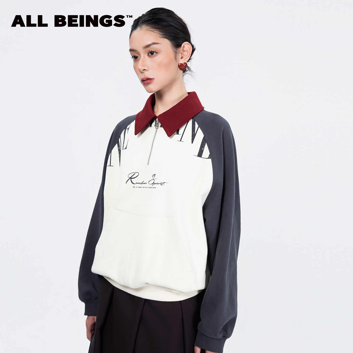 ALL BEINGS25年秋冬设计师新款百搭时尚拼色翻领印花半拉链卫衣