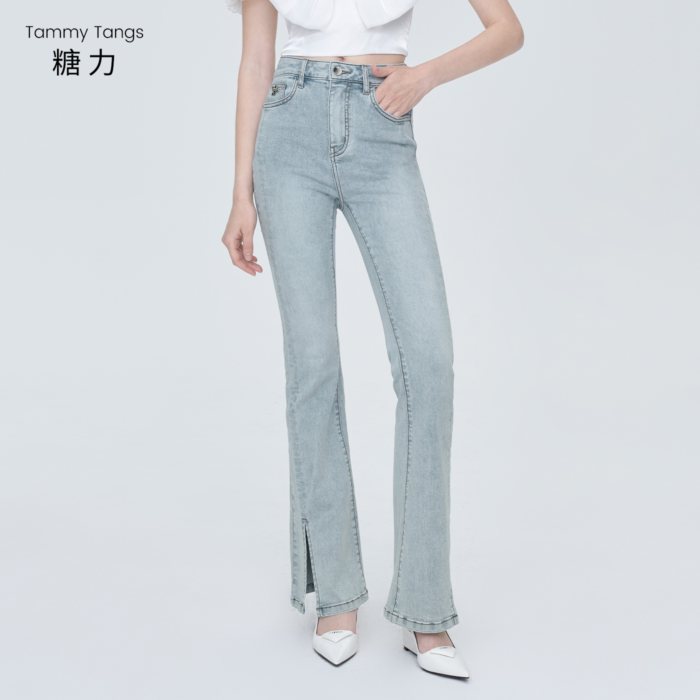 【旗舰店专属】糖力浅蓝色水洗做旧凉感抗菌开叉微喇牛仔裤长裤女