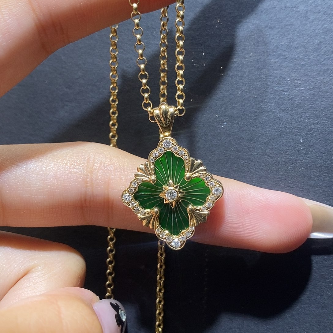 颈饰钻石18K金镶嵌歌剧院绿色珐琅大号项链