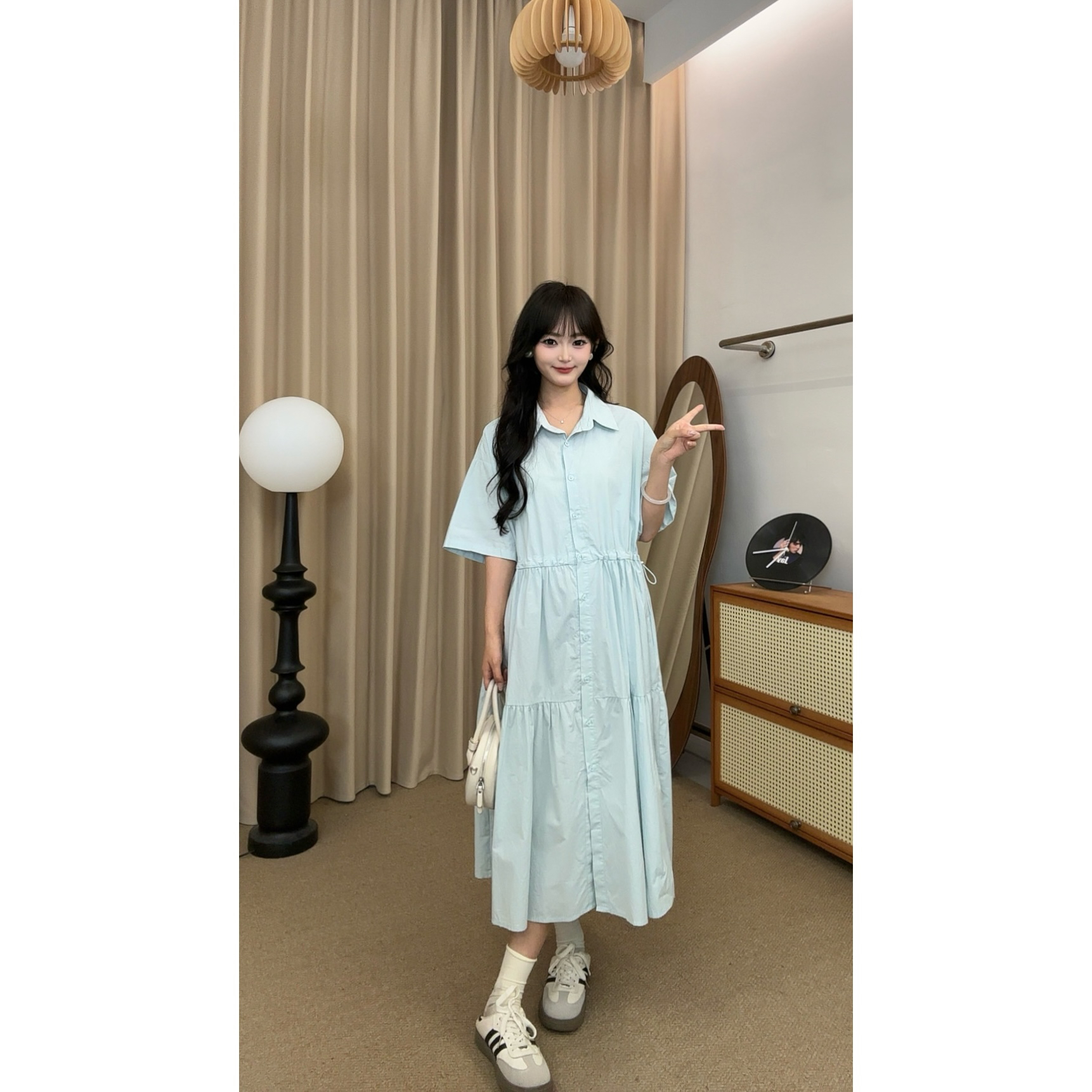【璟衣服饰】Polo领单排扣拼接显瘦纯色净版衬衫连衣裙Z1109
