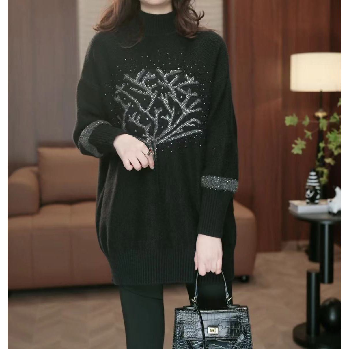 【新年款发财树】加厚保暖毛衣女中长款大码冬季针织衫上衣2881