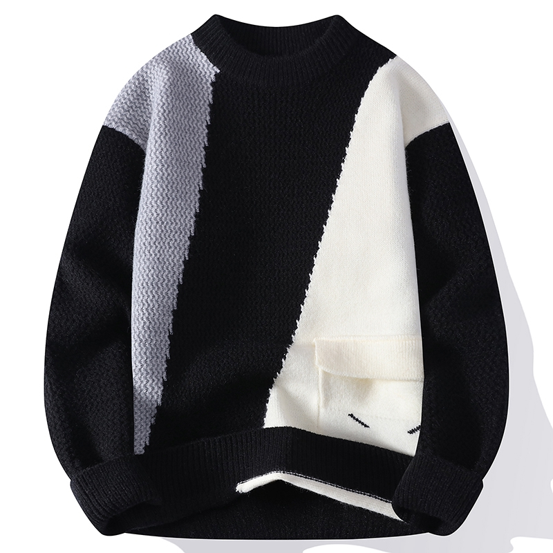秋冬新款圆领拼接毛衣男士加厚潮牌撞色复古时尚男生针织衫男款