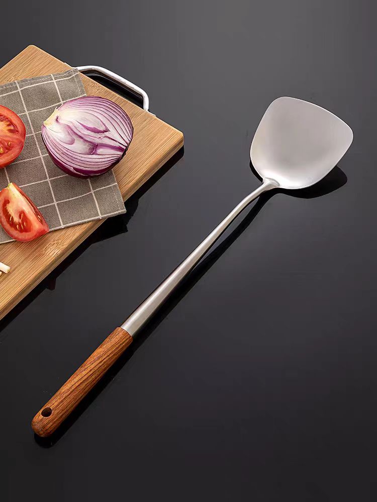 厨具不锈钢家用厨房用炒菜铲子加长实木手柄菜铲