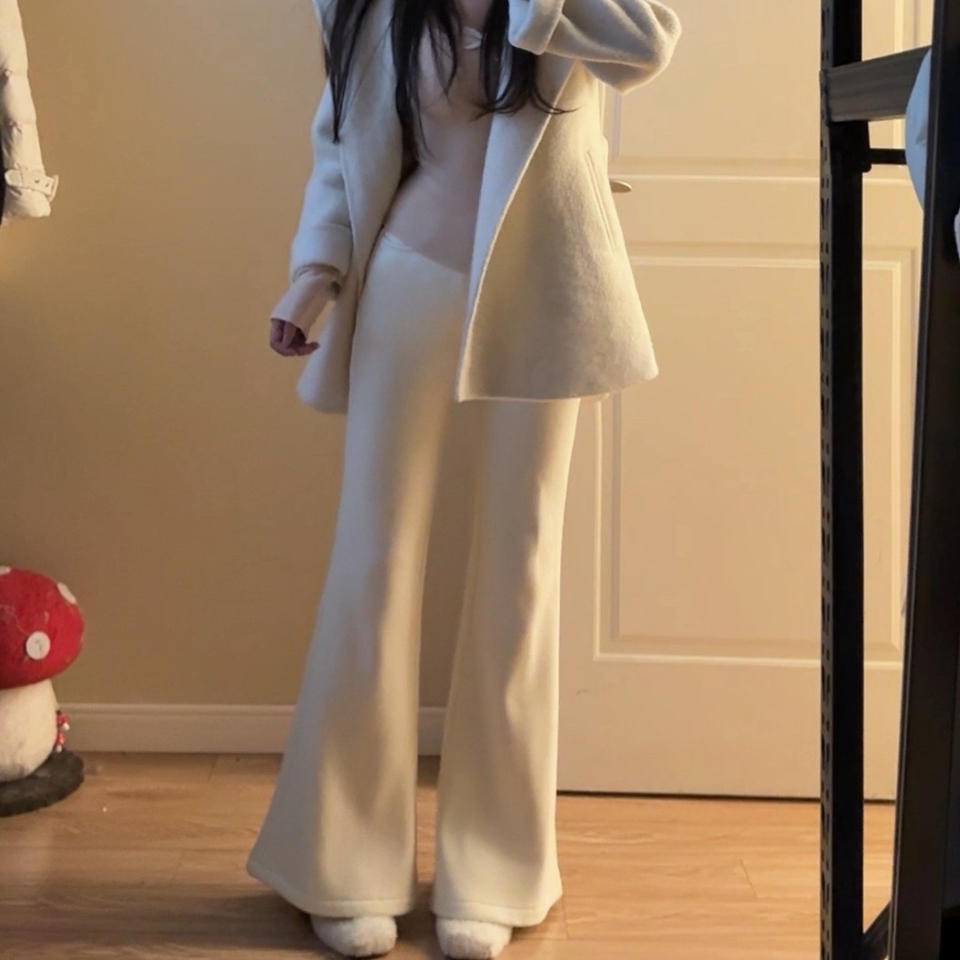 陈江铃小个子气质显瘦百搭垂感微喇磨毛加绒保暖休闲裤打底衫套装