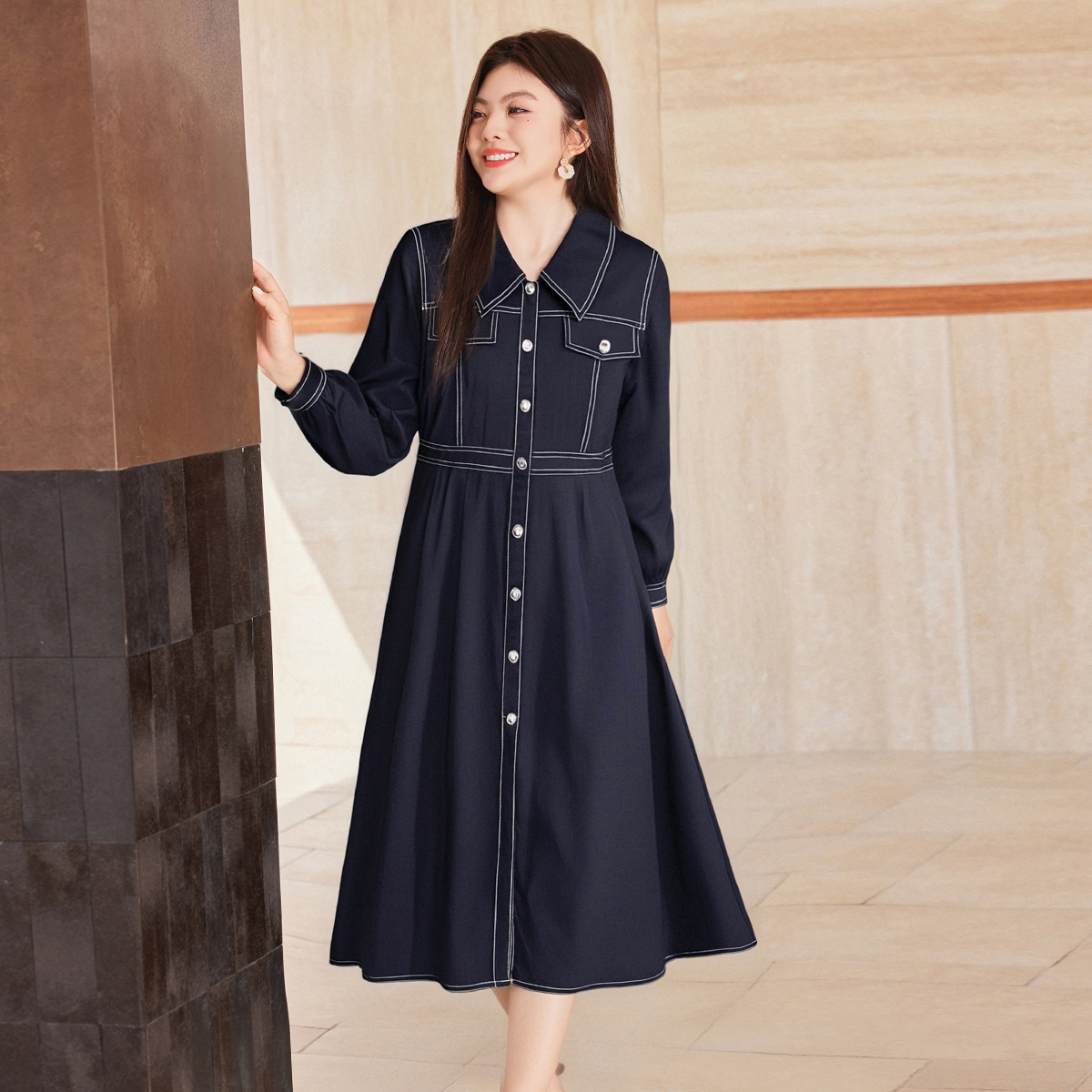 【复古通勤衬衫连衣裙】MsShe大码女装新款秋高端裙子X~S2502004