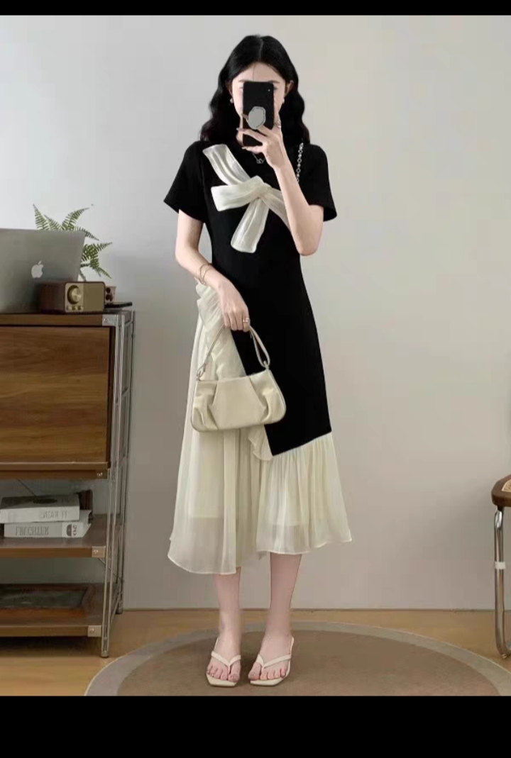 9926大码女装拼色荷叶边连衣裙