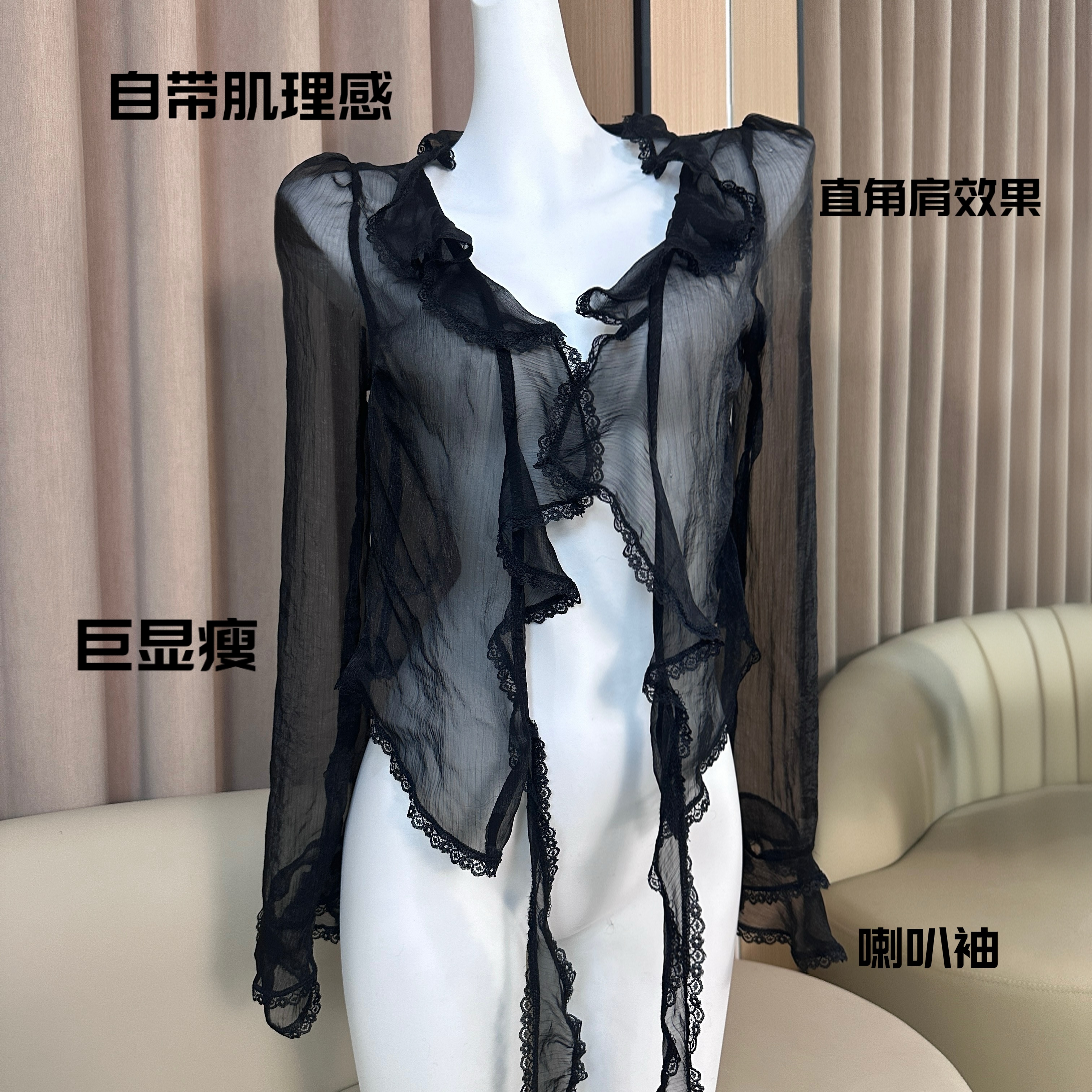 【薄如蝉翼】直角肩百搭黑色外搭性感-A13薄款蕾丝短款显瘦修身时尚