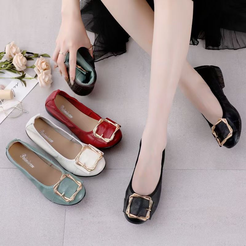 A56清仓真皮平底单鞋豆豆鞋女牛筋底妈妈鞋舒适软底中年女皮鞋