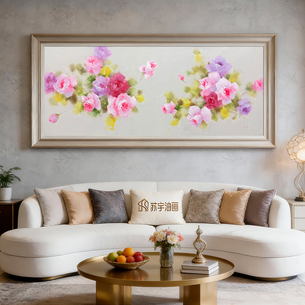 手绘玫瑰油画作品北欧意式极简沙发背景墙装饰客厅花卉挂画