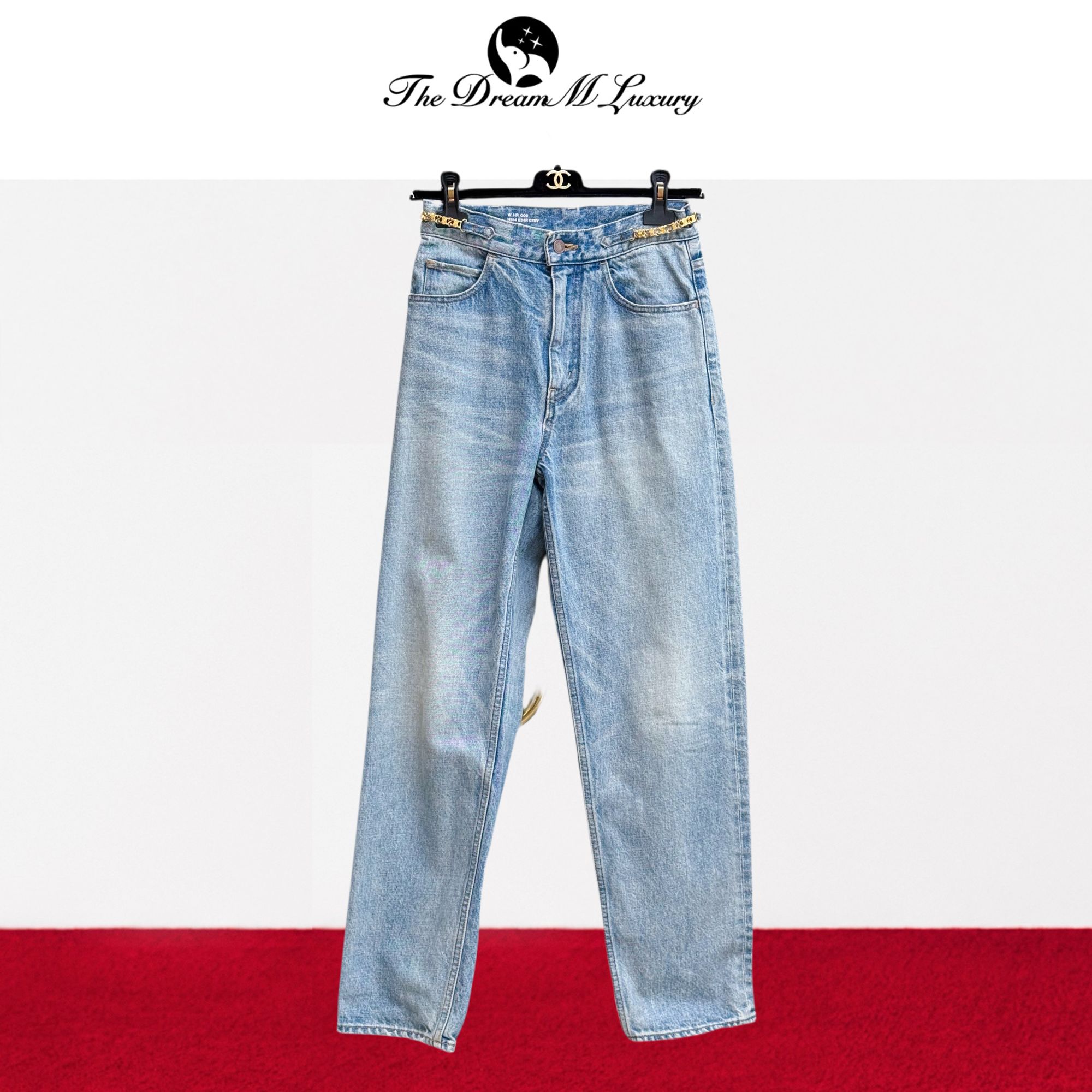 99新 Celine/思琳 27码凯旋门链条浅蓝色水洗牛仔长裤