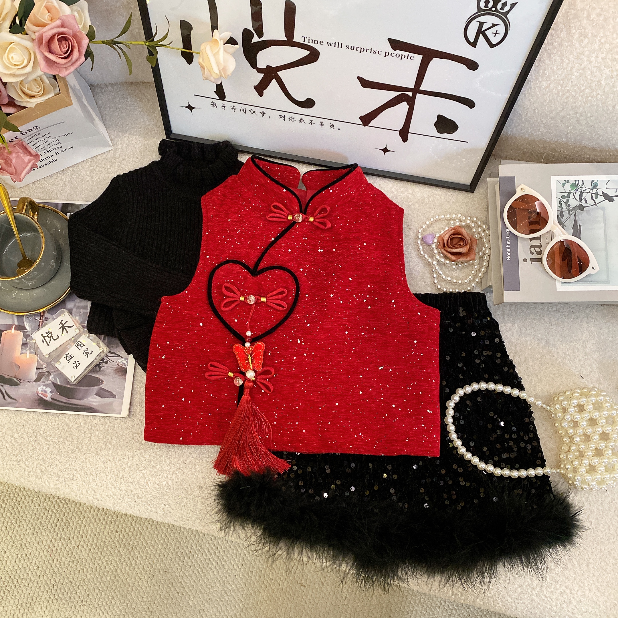 T2【悦禾】萌娃冬装拜年服款加厚女童马甲暖冬国风加绒套装60113