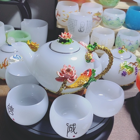 琉璃中式珐琅彩年年有余一壶六杯礼盒套装
