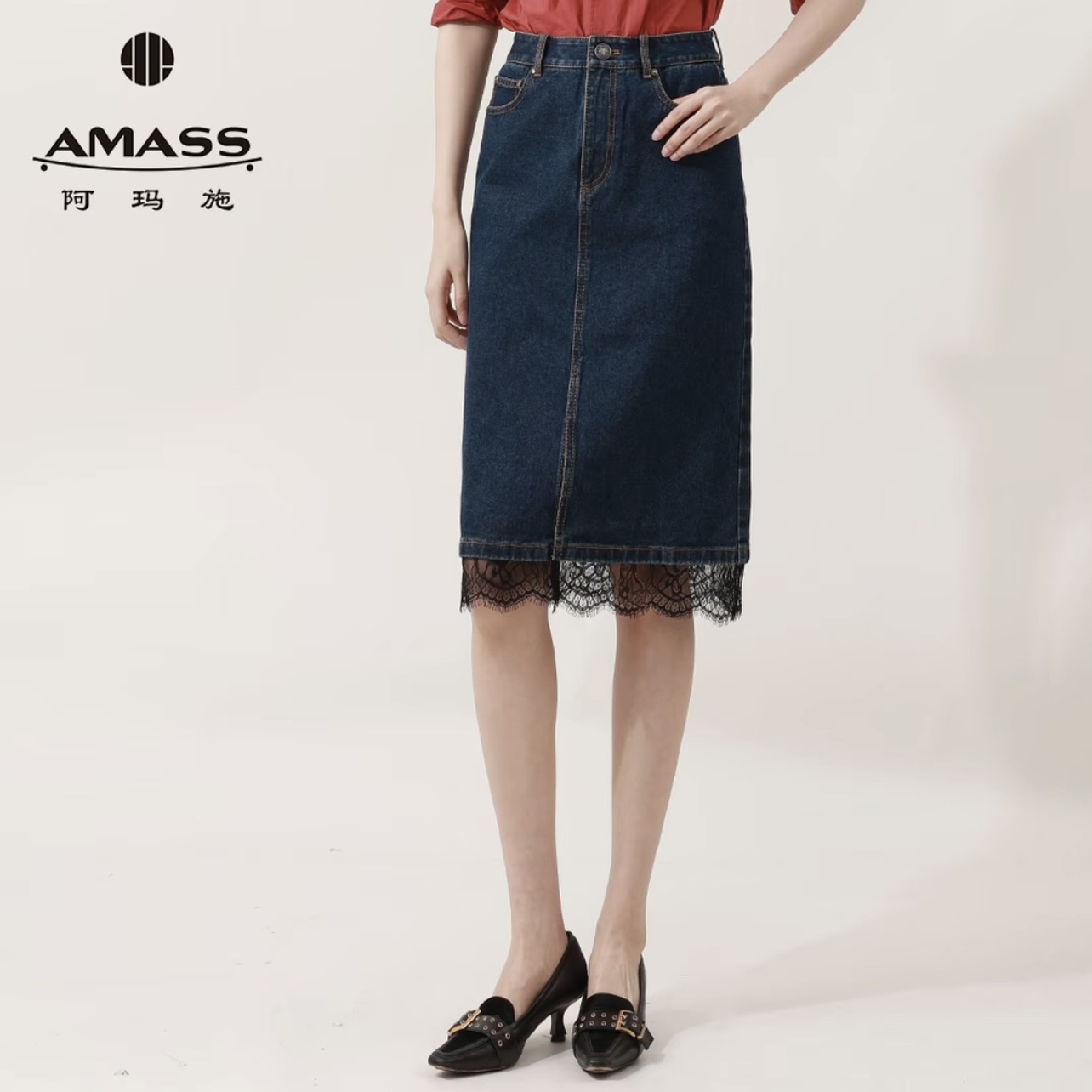 AMASS/阿玛施 2025夏季新款高腰修身蕾丝拼接牛仔半身裙女520013