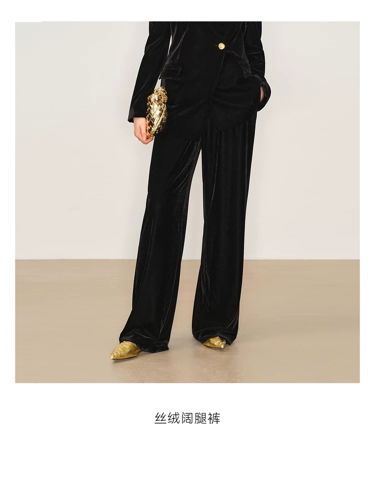 格格大码光泽感丝绒高腰垂感阔腿裤女秋冬新款休闲百搭