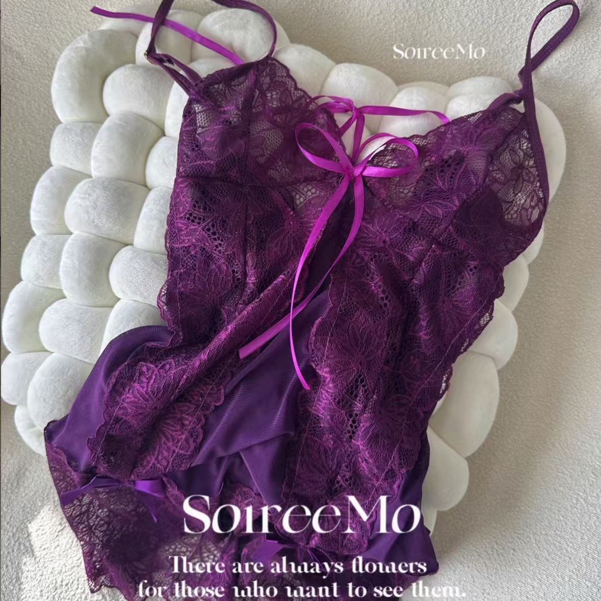 【深紫魅惑】 诱惑纯欲蕾丝绑带性感吊带睡裙韵味紫色美背睡衣