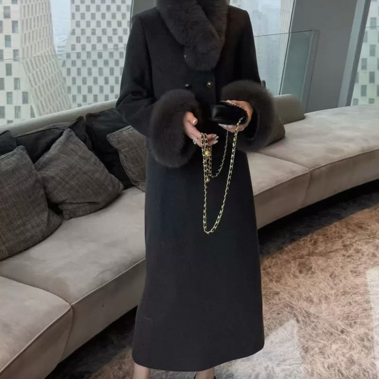 【Q151】小香风双排扣石墨烯云绒外套高腰裙两件套女冬新款保暖套装