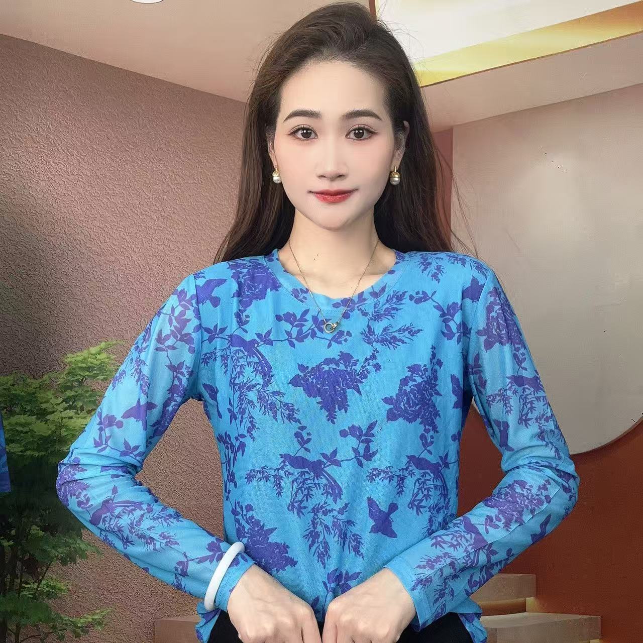 2025秋季新款长袖圆领肌肤纱时尚显瘦印花T恤上衣A509