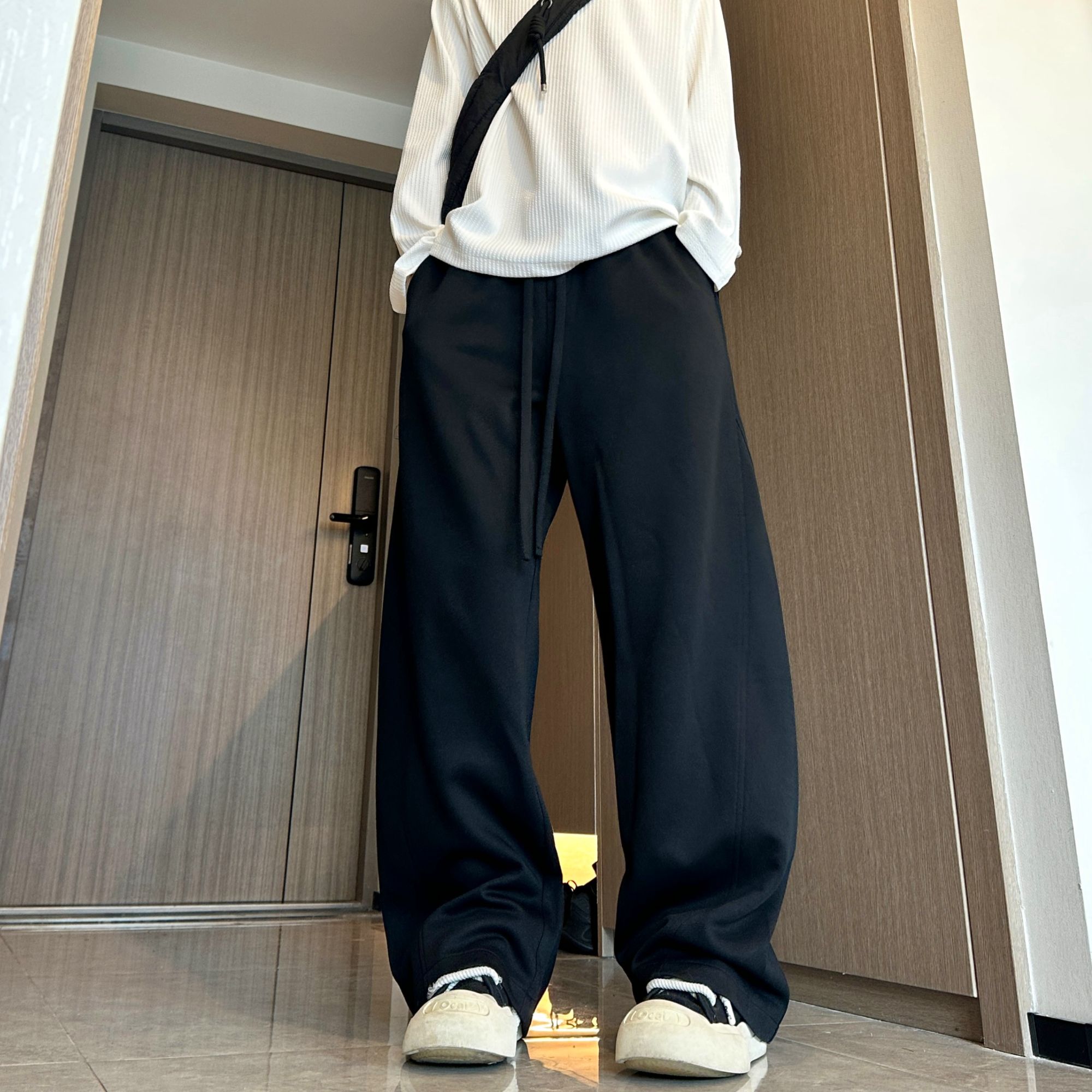 美式潮牌重磅弯刀裤子男秋季宽松直筒阔腿裤运动裤男抽绳情侣卫裤