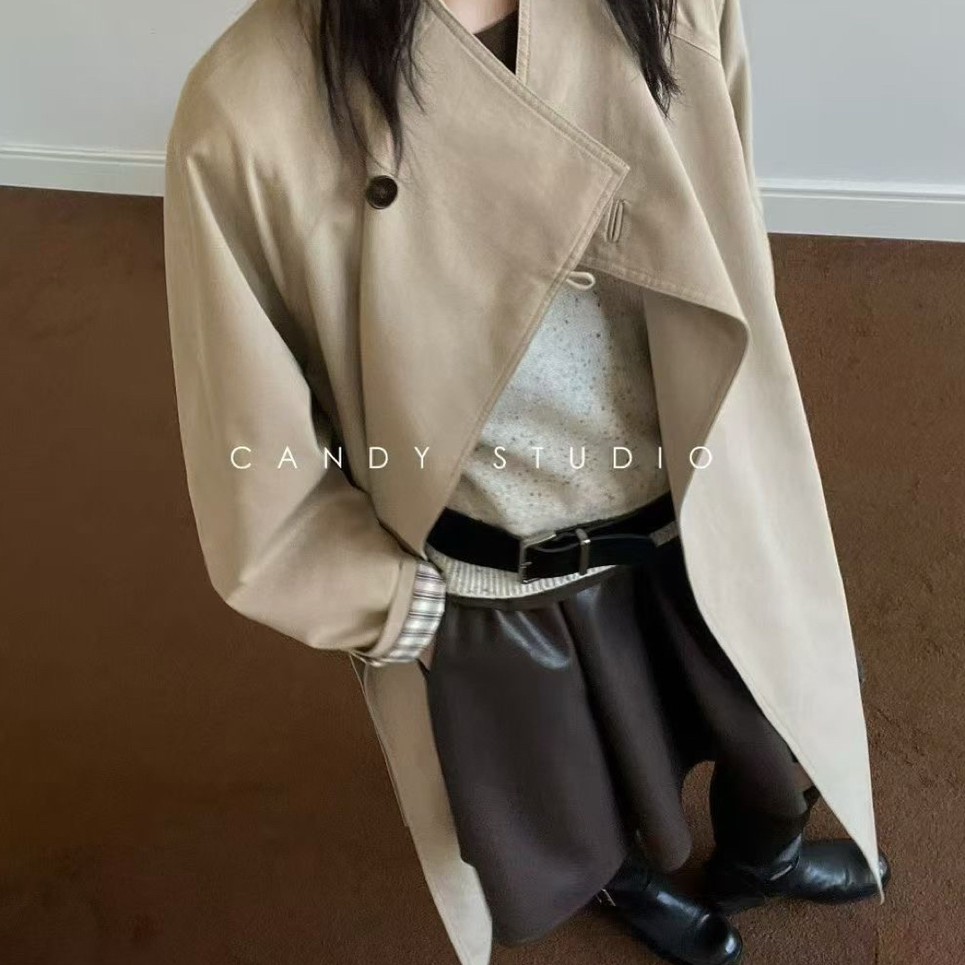 秋季新款立领格纹拼接风衣女复古港风设计感显瘦宽松外套