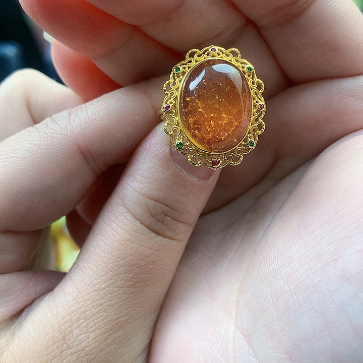 琥珀裸石银S925镶嵌戒指