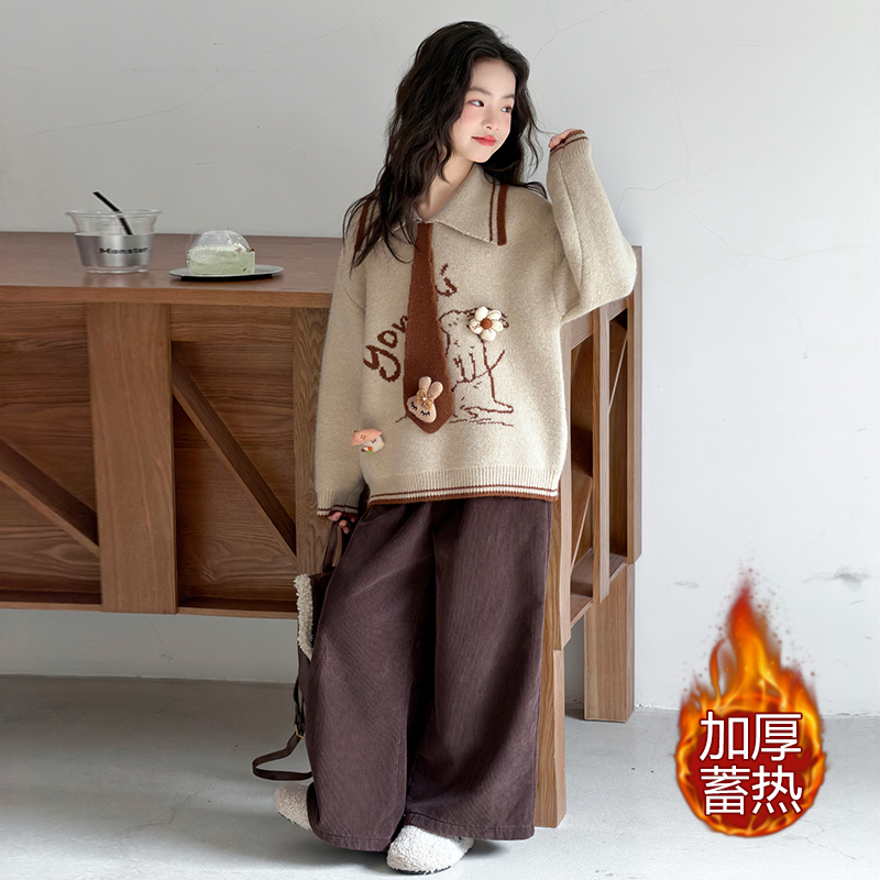 【嘻嘻柚】女童秋冬立体玩偶毛衣条绒裤套装2025新款加厚针织衫上衣