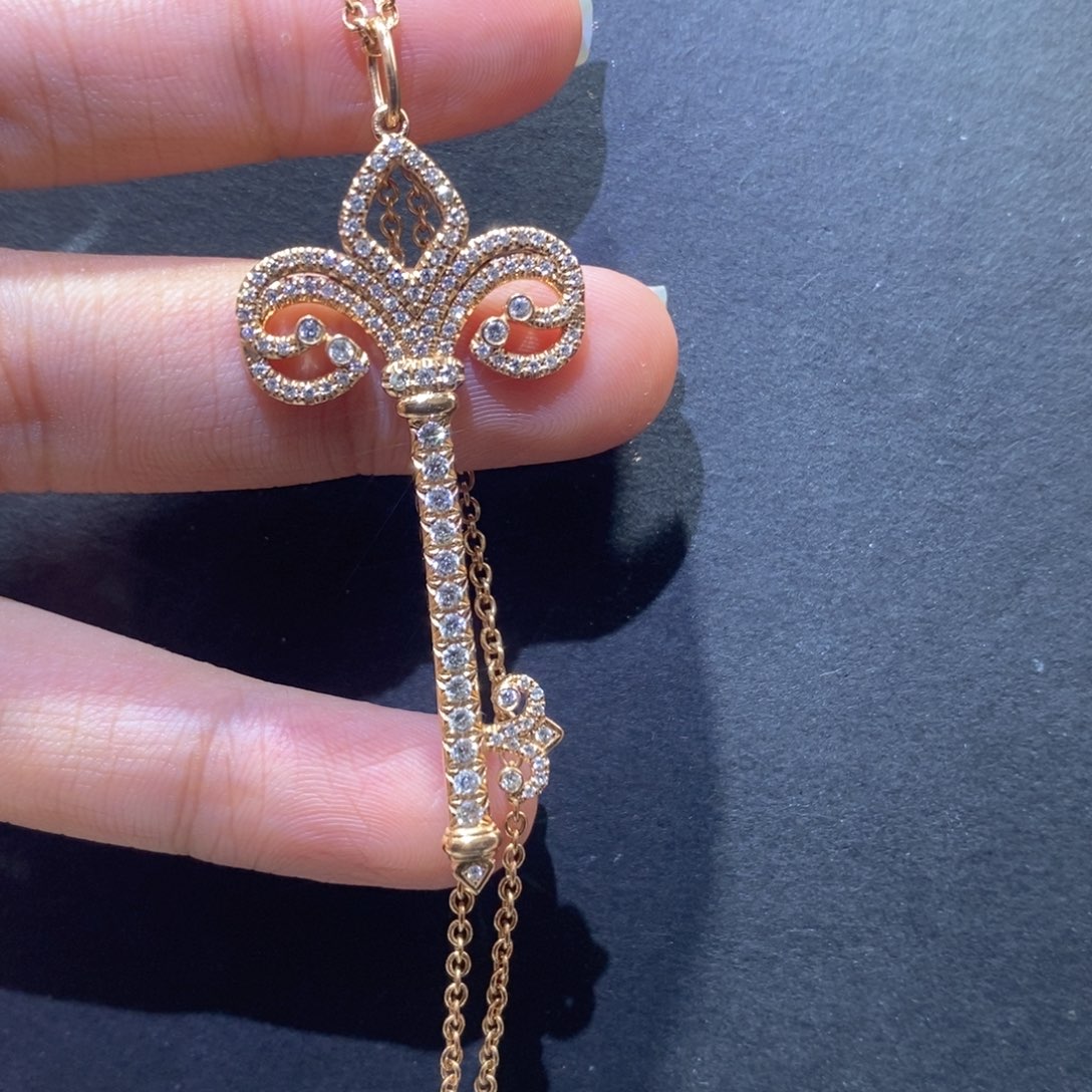 颈饰18K金镶嵌钻石k玫大号鸢尾花钥匙项链