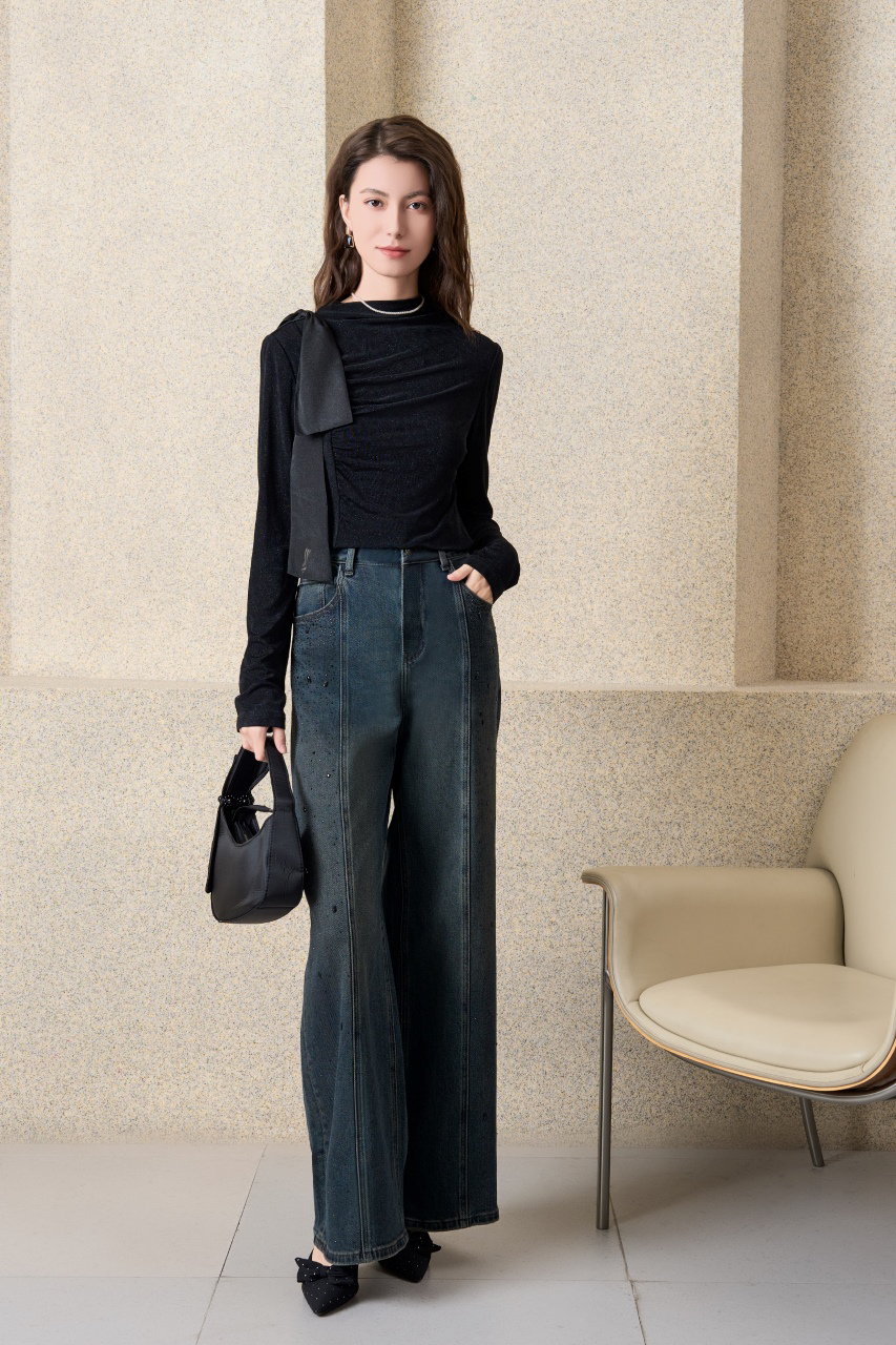 高腰微喇牛仔裤复古气质显瘦拖地喇叭裤设计感长裤