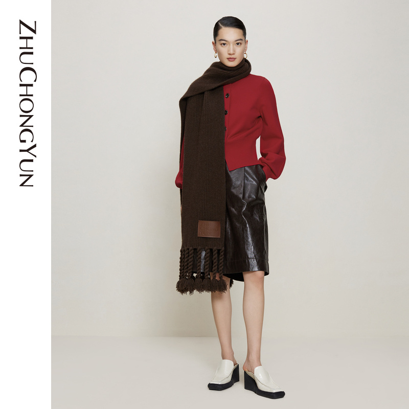 ZHUCHONGYUN秋红色针织衫灯笼袖短款小立领毛衣开衫C1DE3783M