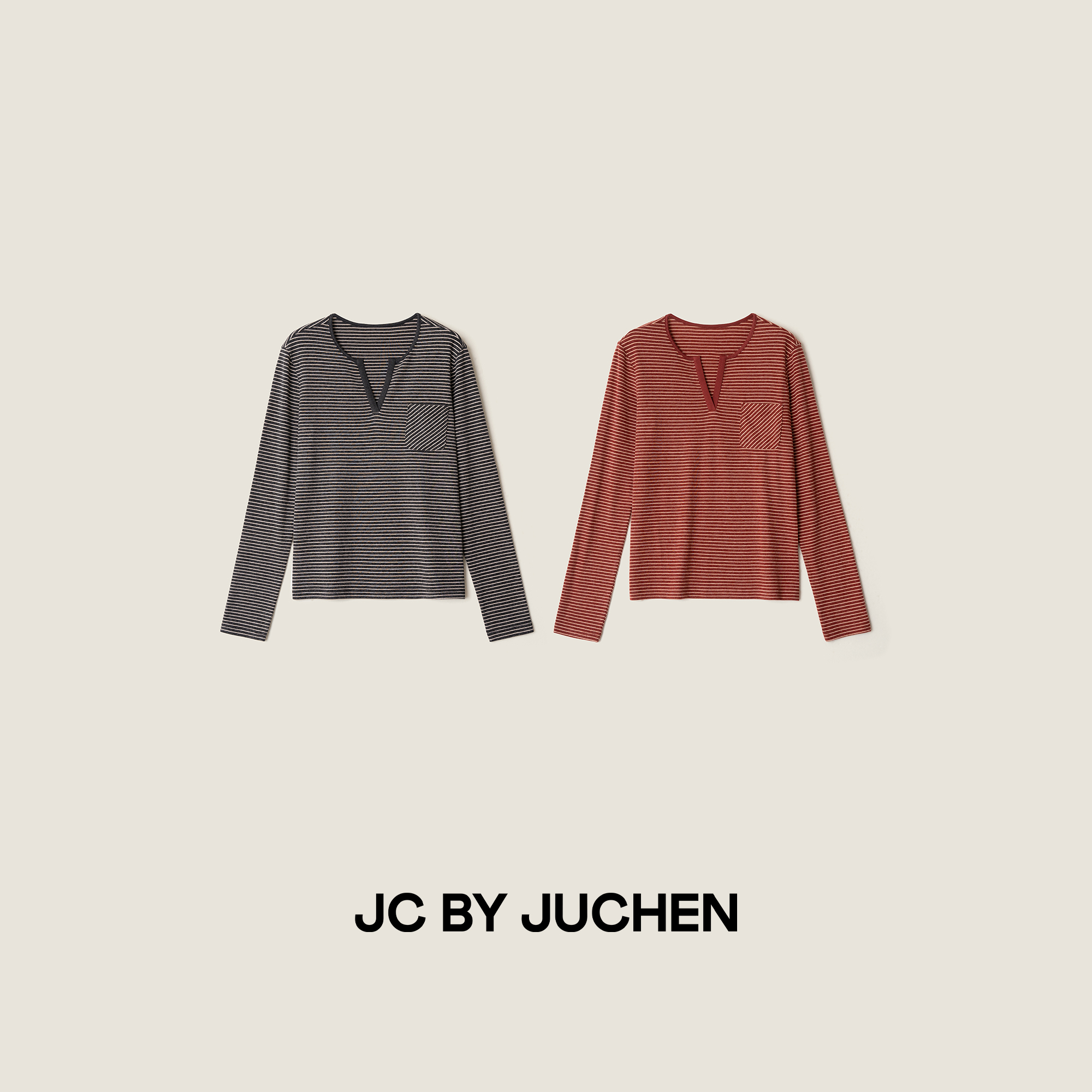 柔软小宽松剪刀领条纹T细腻磨毛撞色百搭显瘦长袖T恤 FW095350