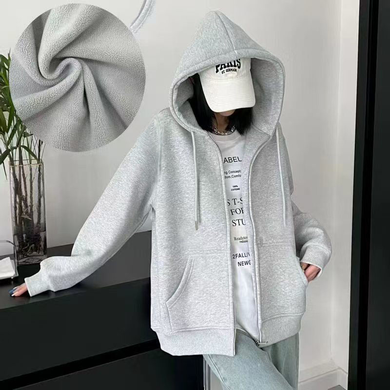 【加绒加厚】秋冬正肩休闲内搭卫衣外穿常规款连帽开衫拉链外套女
