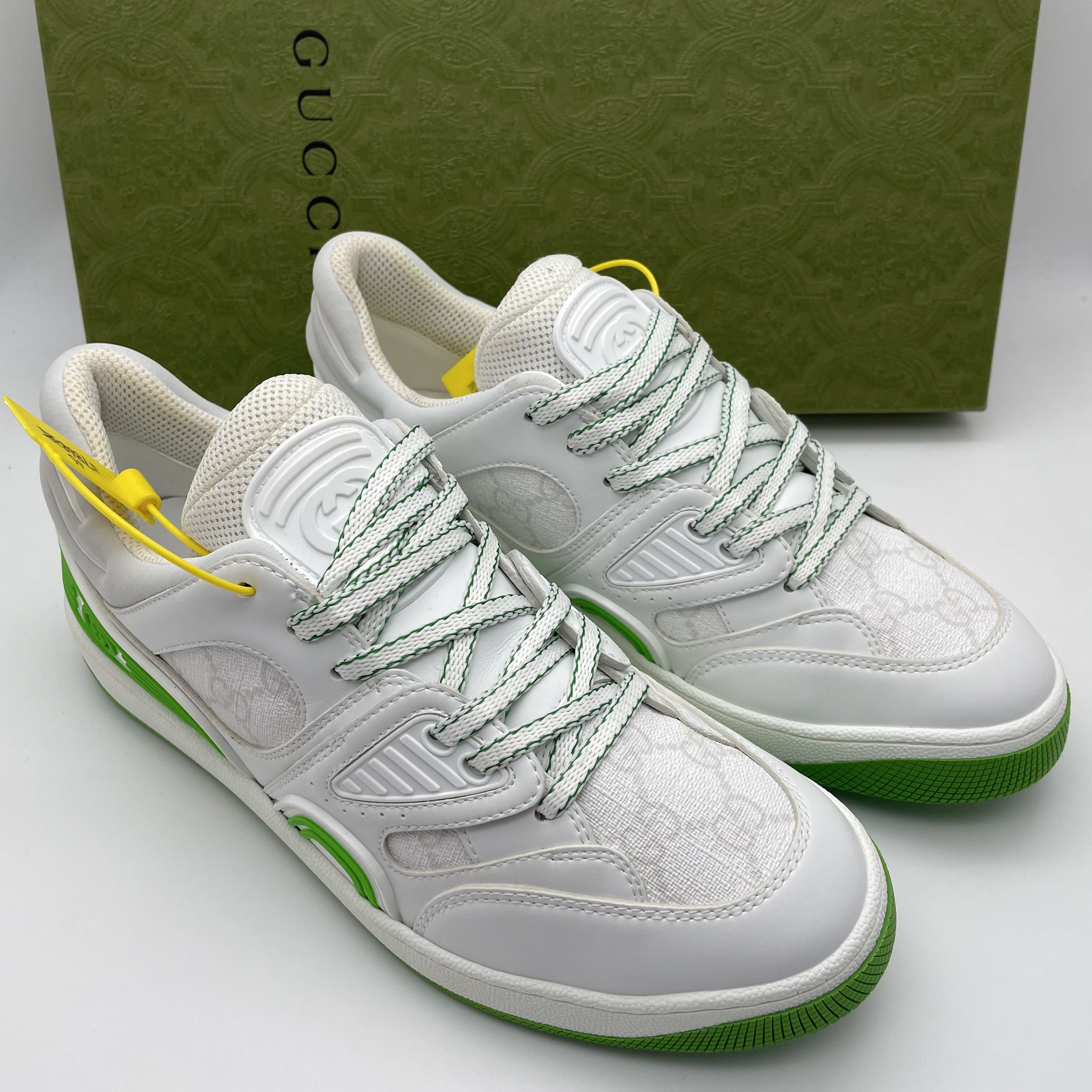 未使用 GUCCI/古驰 38.5欧码/白绿拼接休闲时尚低帮系带板鞋/全套