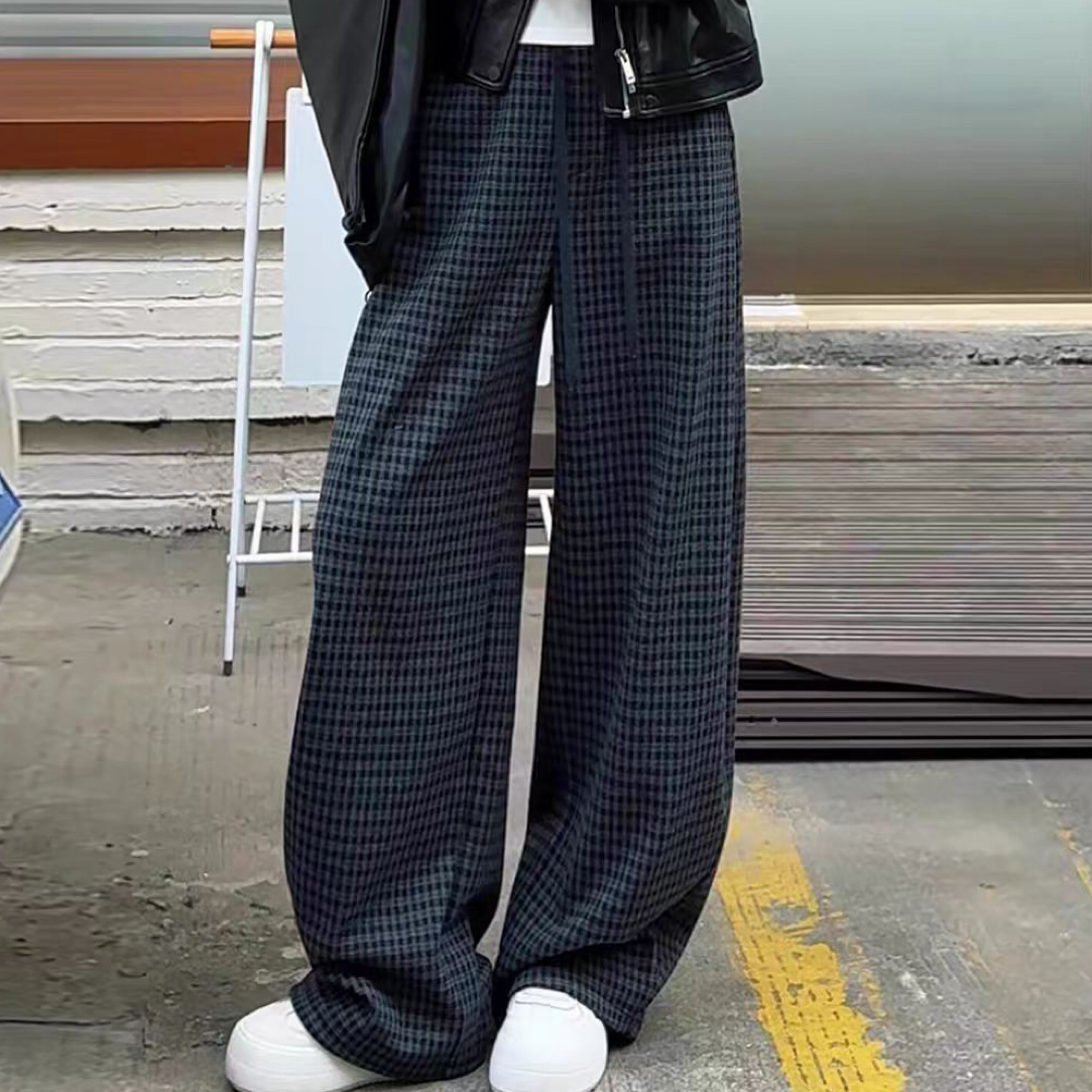 Meiky饼 时尚百搭 松紧腰格子加绒显瘦弯刀裤休闲裤