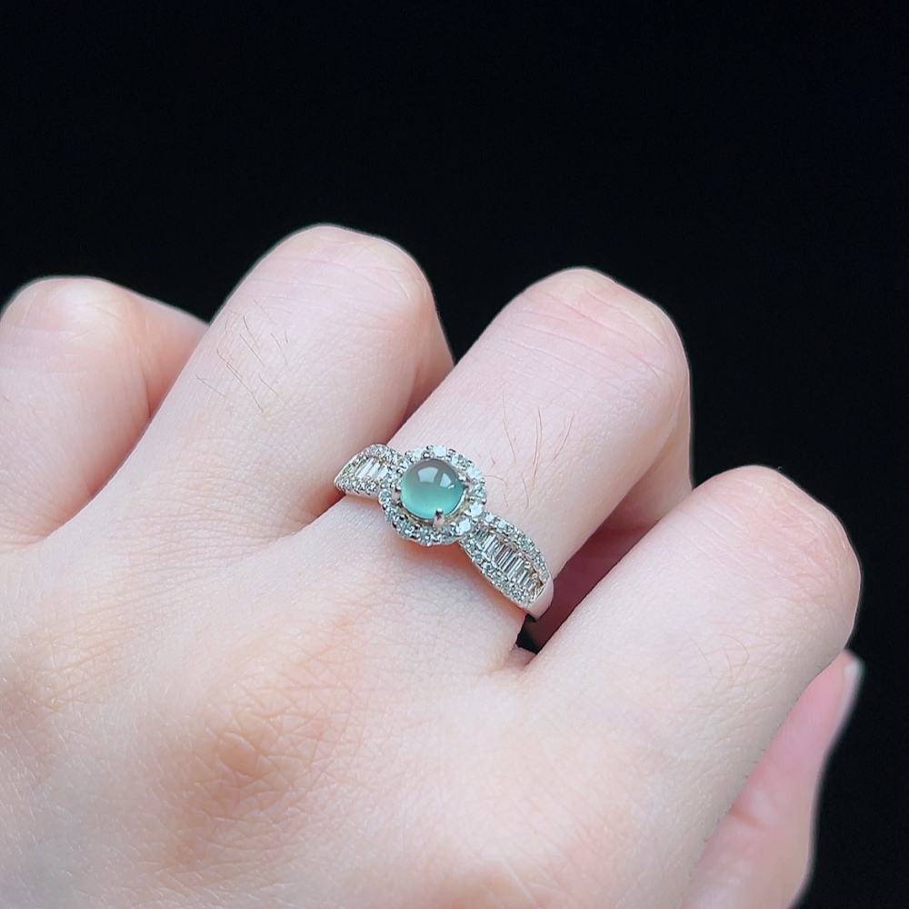 正品天然A货翡翠玉S925银冰种白蛋面女款开口调节卡5戒指