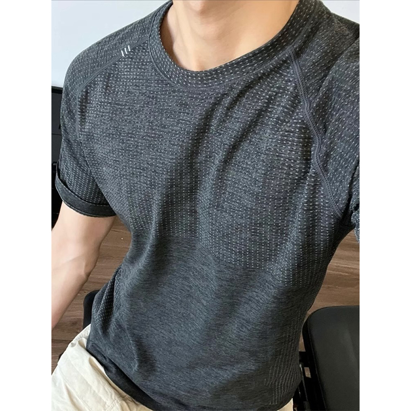 激光打孔速干短袖男款夏季美式复古提花修身t恤健身运动弹力半袖