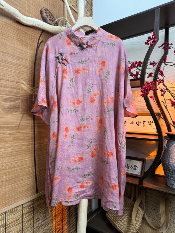 苎麻新中式立领斜襟盘扣数码印花短袖长袍(衣长85 胸围150)