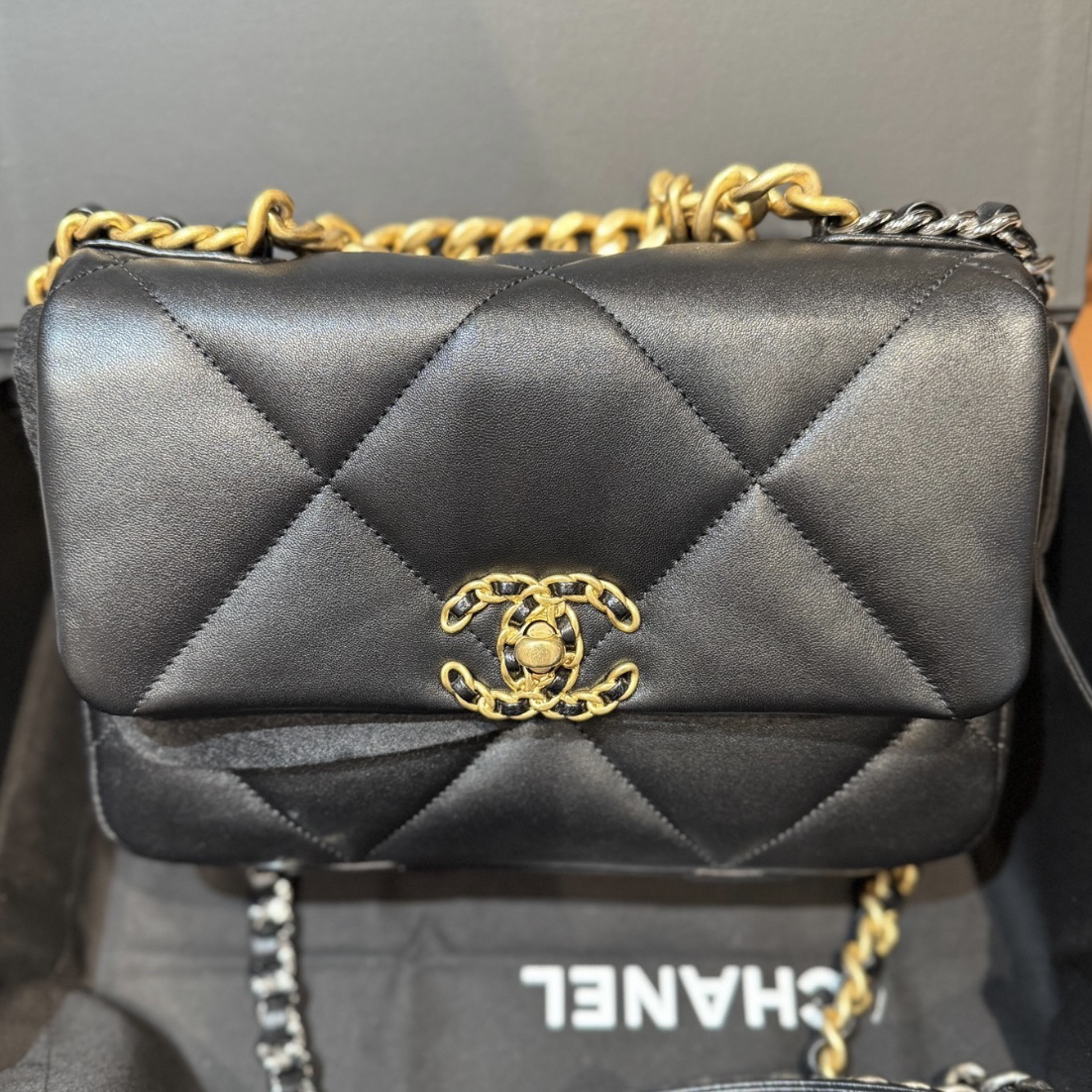 未使用 Chanel/香奈儿 黑金19bag小号 23年芯片款 菱格链条斜挎包