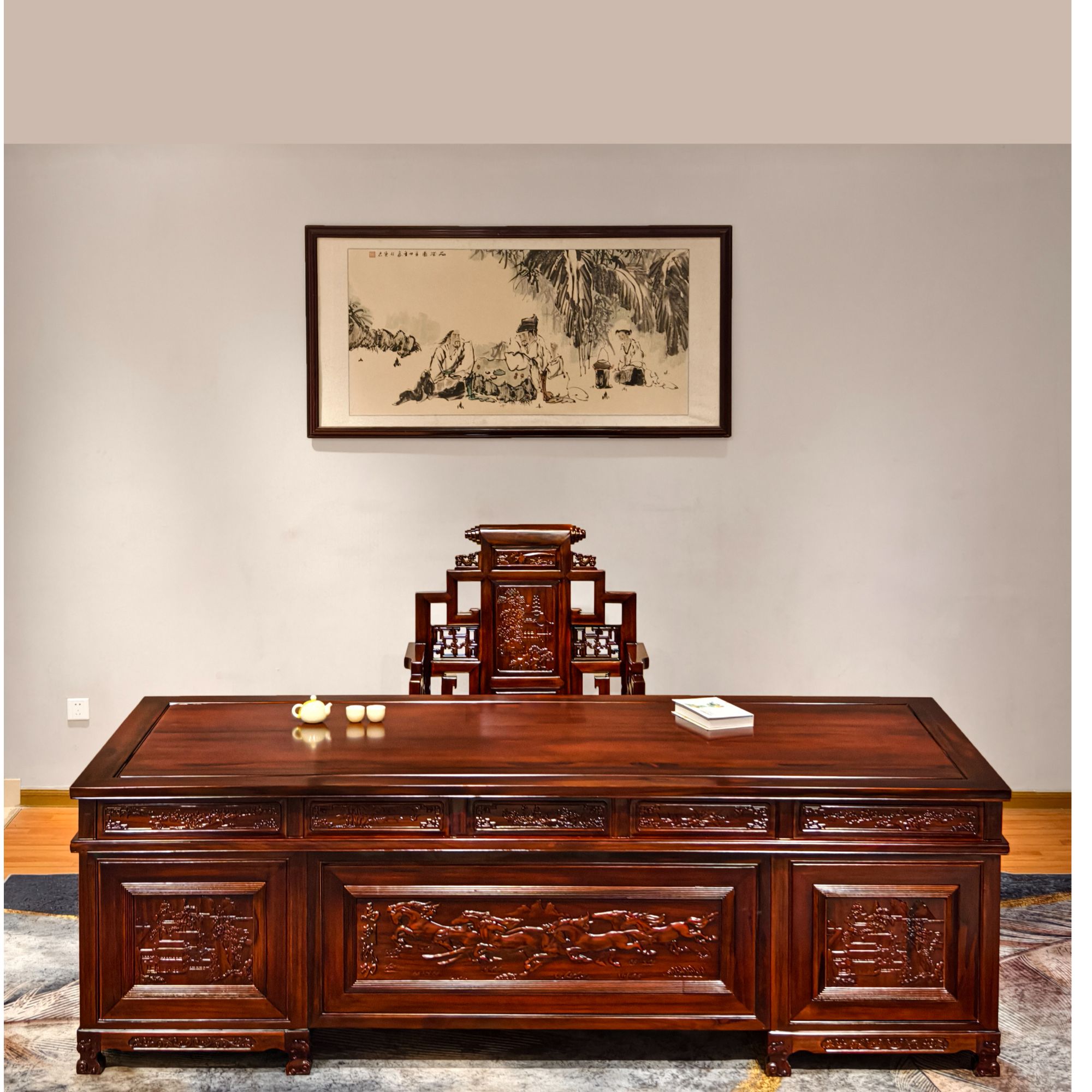 【南美酸枝八骏马办公台】2件套 古典雕刻书房茶室榫卯工艺环保