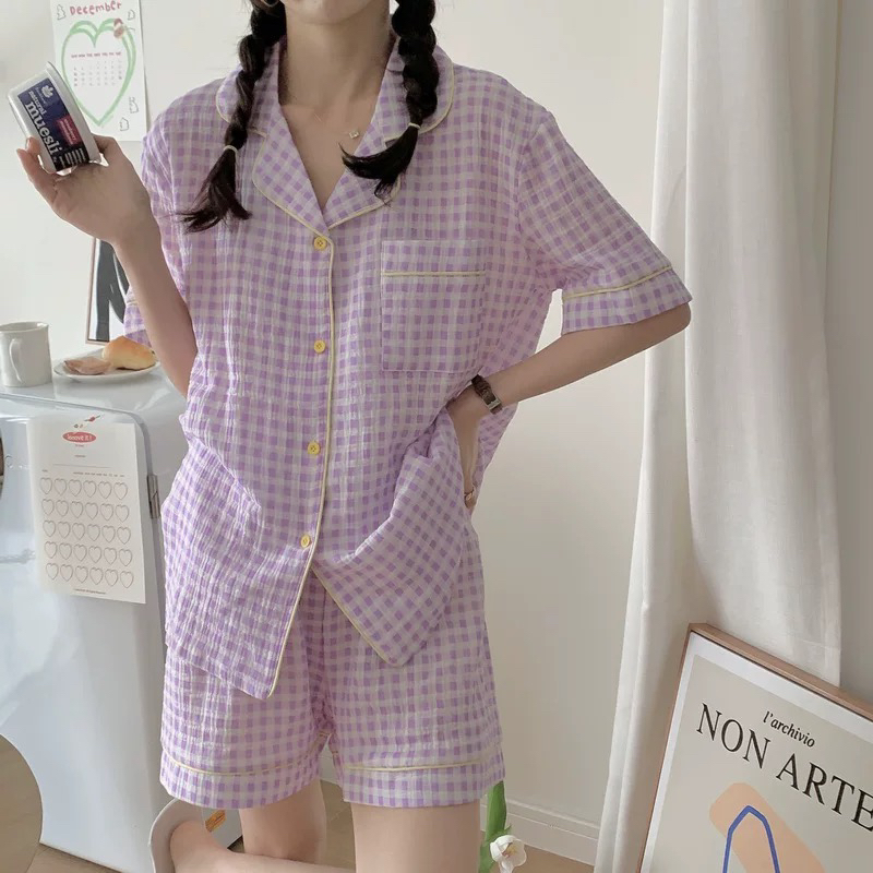 【翻领格纹】加肥加大260斤胖MM格纹小清新ins风家居服夏季短袖睡衣