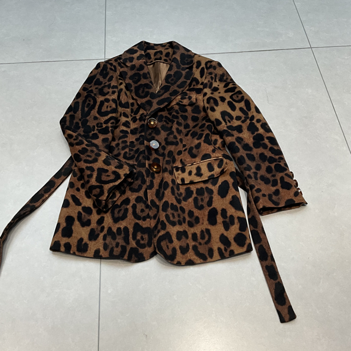 秋冬新款复古百搭系带时尚豹纹女士大衣外套