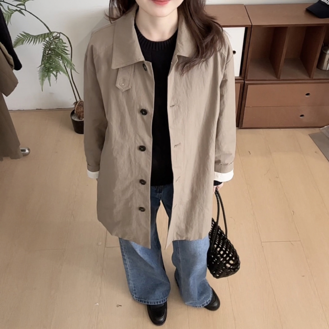 【亚麻绿】韩版春秋季新款卡其色休闲中长款POLO领风衣外套