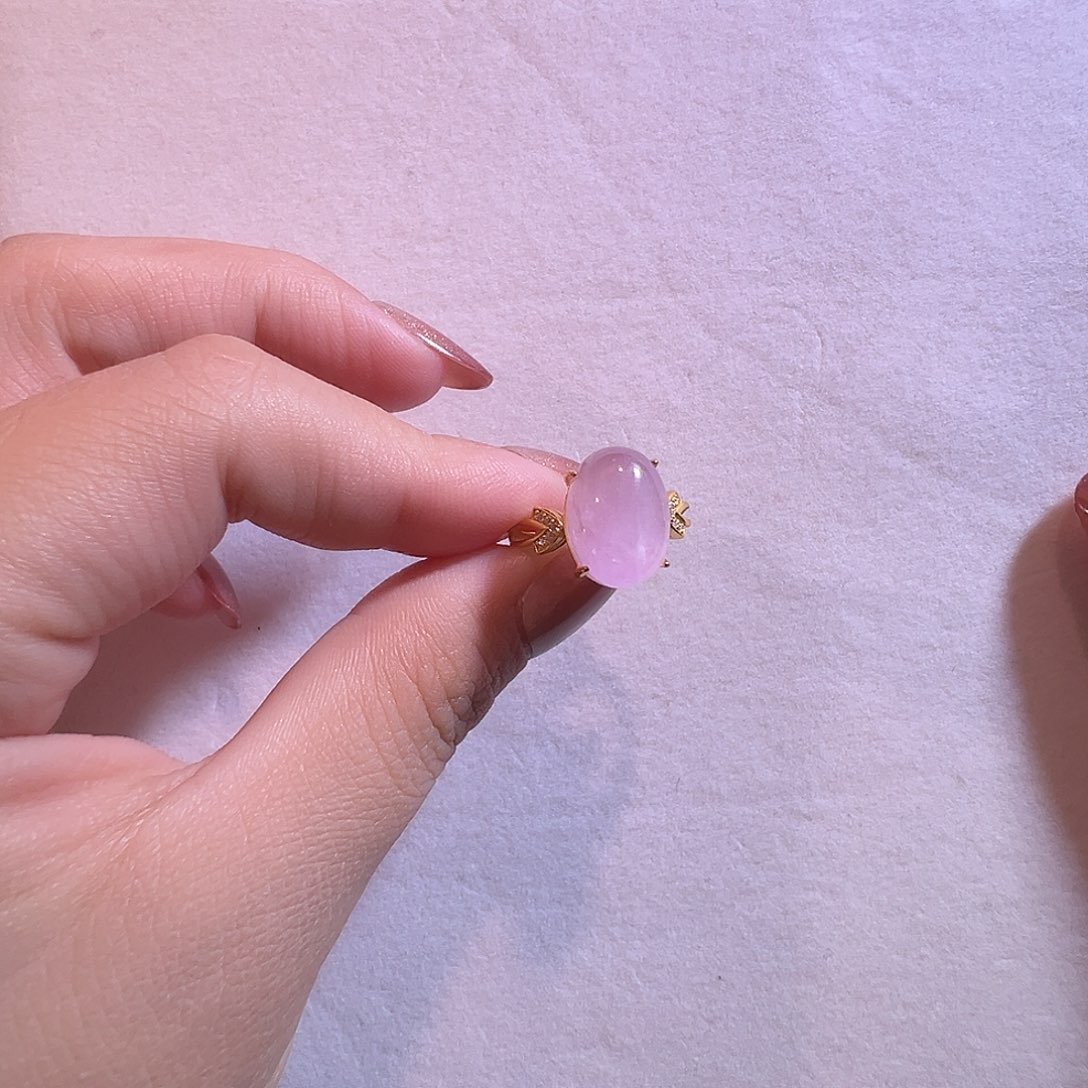 银S925镶嵌戒指锂辉石冰紫猫眼紫锂辉戒指可调节圈口