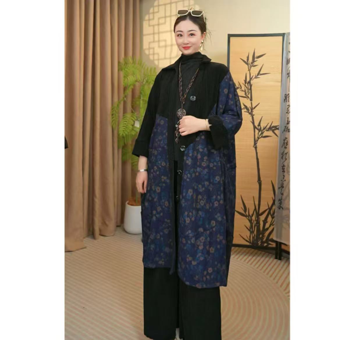 131#1801-秋冬蓝色碎花拼接中长款外套-F/百搭时髦保暖