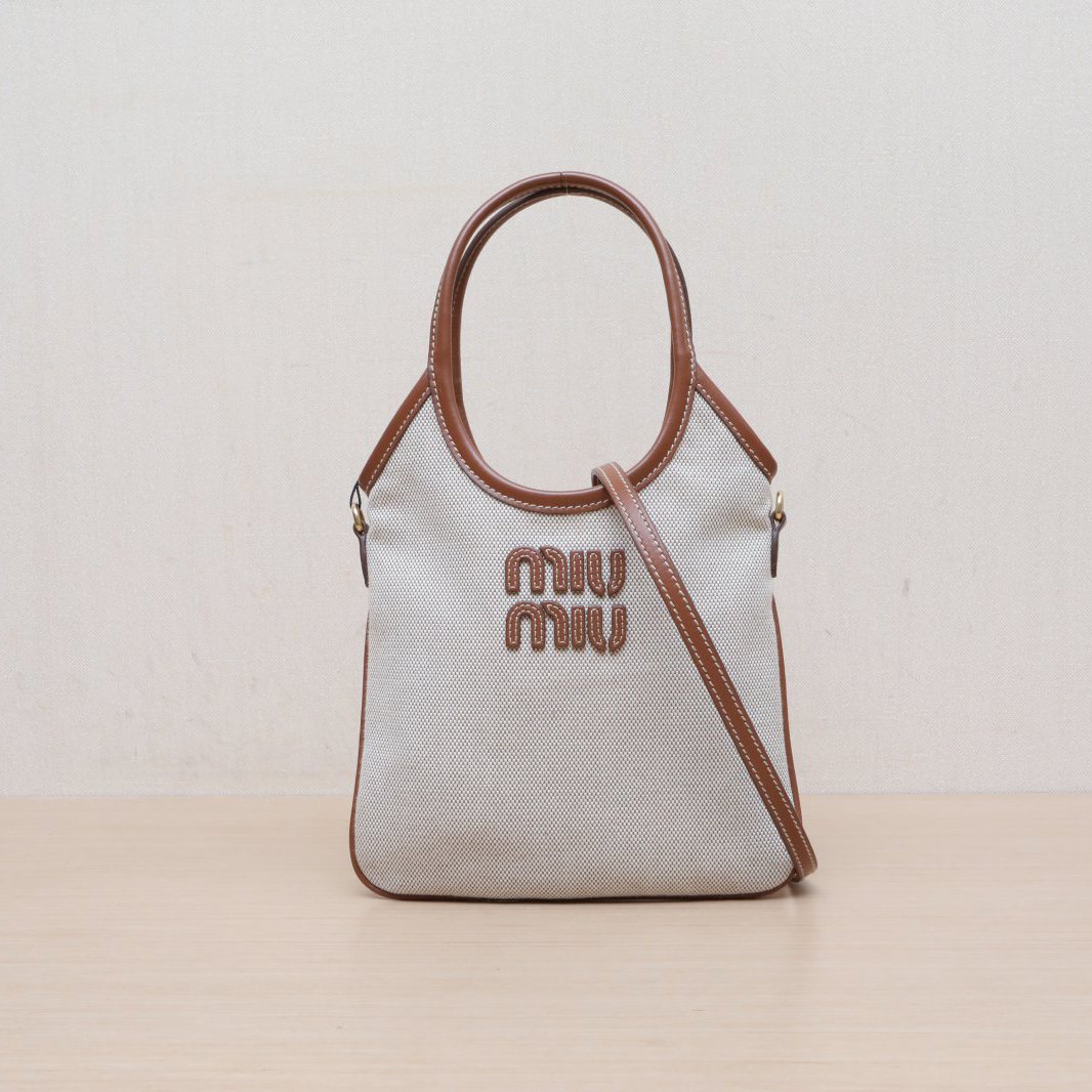 99新 MIU MIU/缪缪 【娇】IVY mini托特包20CM 米色帆布 金扣070704