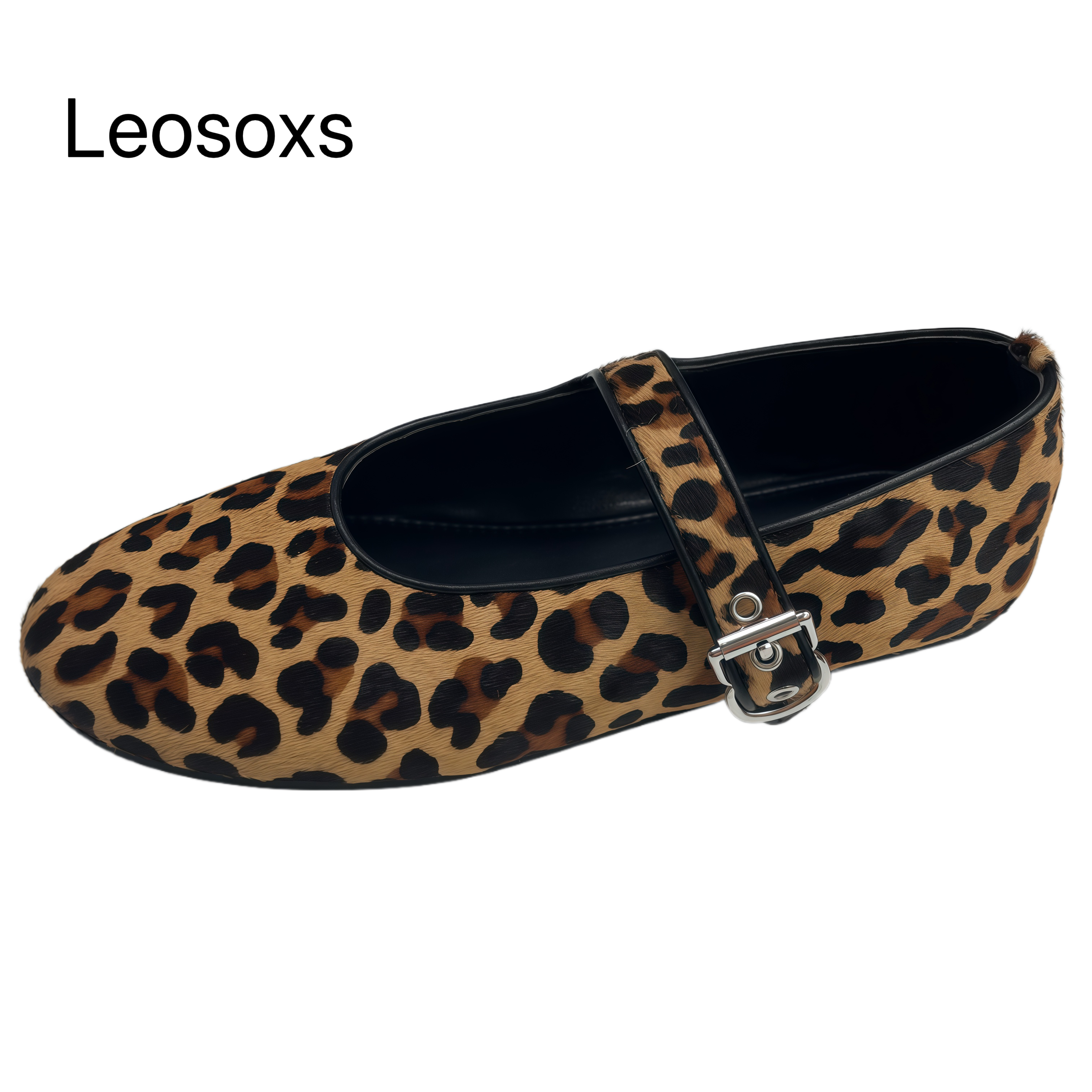 Leosoxs深色一字带浅口复古豹纹玛丽珍鞋